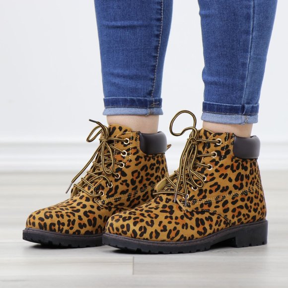 Women's Leopard Combat Lace-up Ankle Boots Low Heel Casual Short Booties - Picture 12 of 12